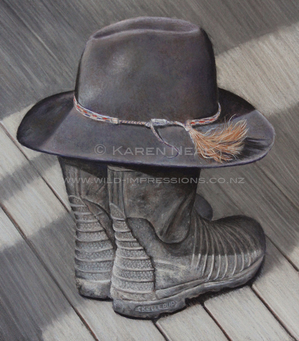 Gumboot and Hat pastel painting by New Zealand artist Karen Neal