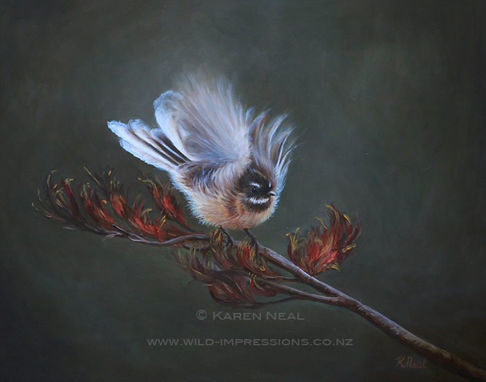 New Zealand Fantail Oil Painting by wiildlife artist Karen Neal