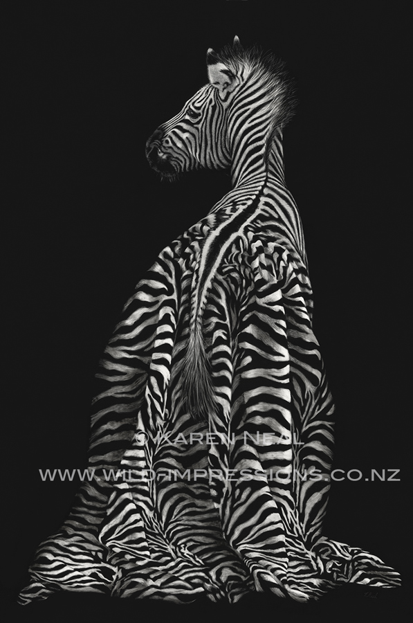 Quirky scratchboard artwork of a zebra in a dress