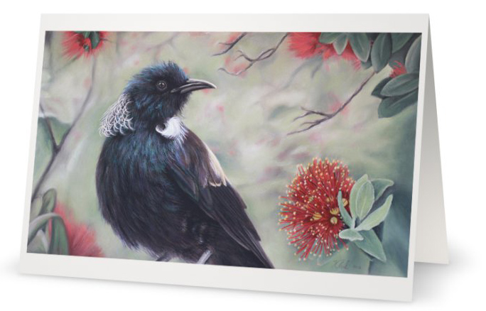 New Zealand Tui in Pohutukawa Tree Christmas Fine Art Greeting Card by Artist Karen Neal