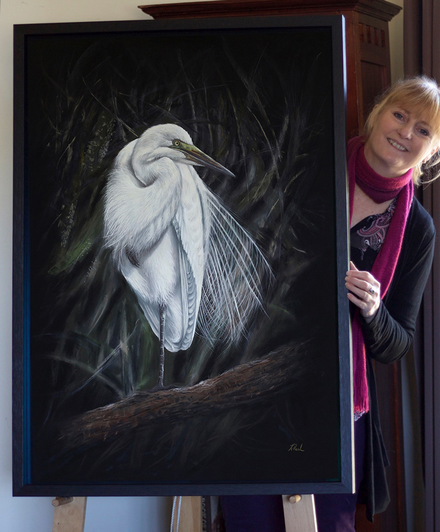 Okarito Kotuku framed pastel painting by New Zealand wildlife artist Karen Neal