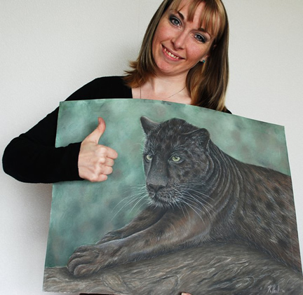 Black Jaguar painting. Karen Berisford, UK Artist delighted with her Jaguar pastel painting by NZ Karen Neal - an art exchange!